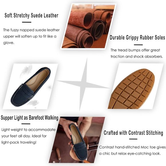 Kordal Women's Navy Suede Gold Accent Buckle Slip-Ons Walking Flats Loafers - Picture 3 of 9